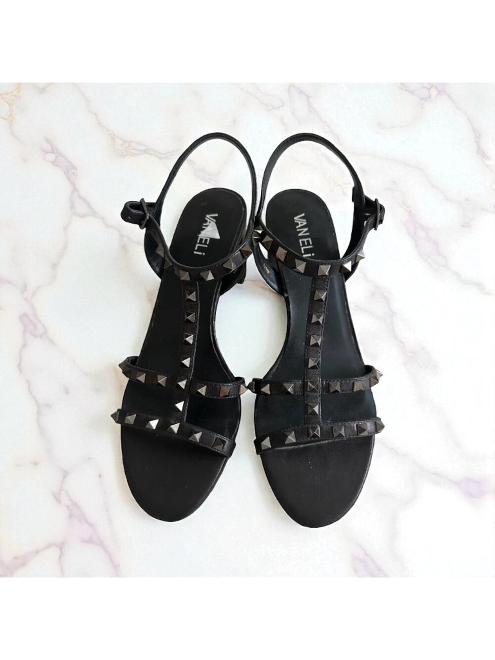 Van Eli Black Studded T-Strap Sandals